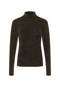 Schwarzes langärmeliges Turtleneck-Oberteil mit einem strukturierten, schimmernden goldenen Muster, schlanker Schnitt und leicht erhöhtem Kragen.