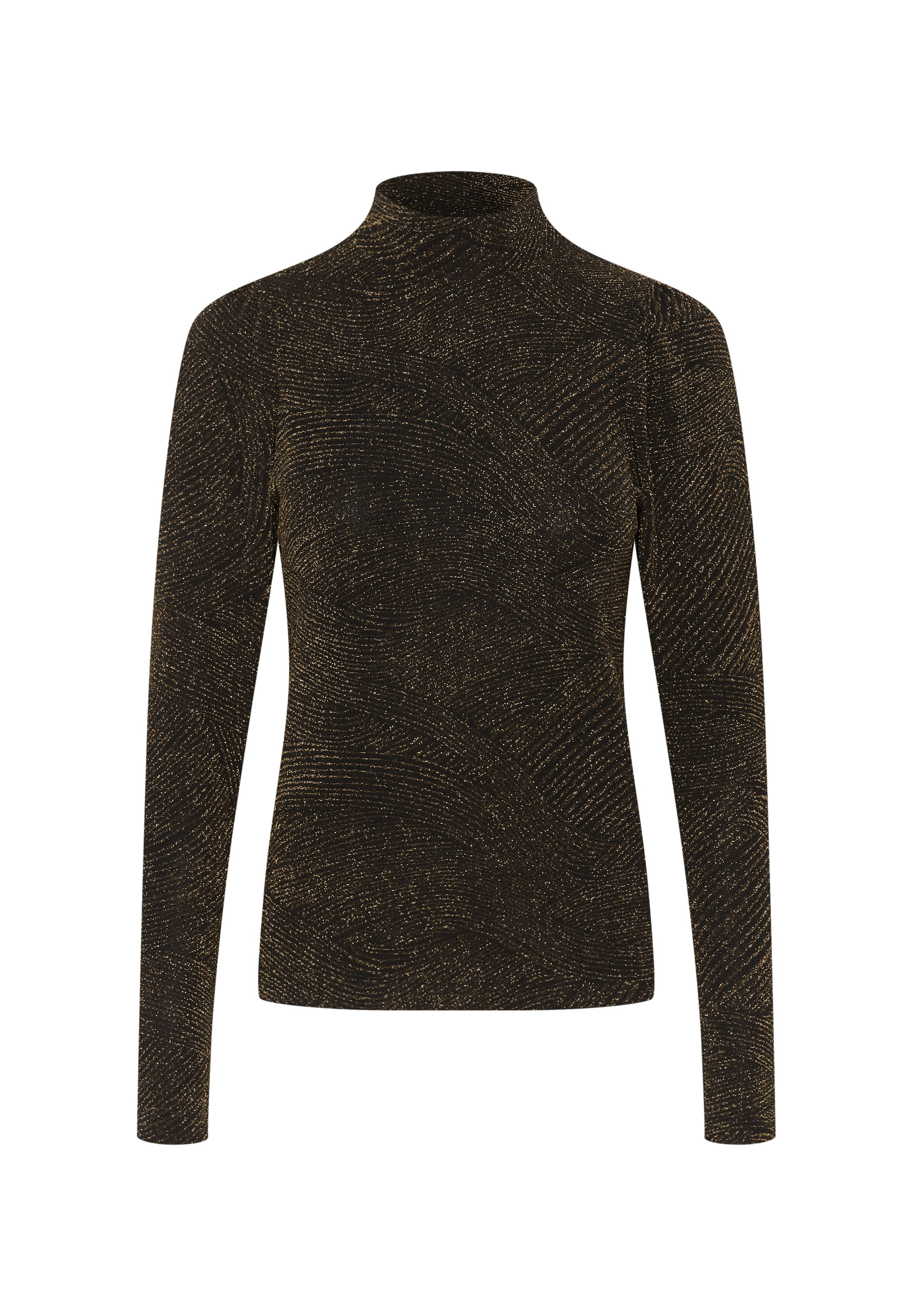 Schwarzes langärmeliges Turtleneck-Oberteil mit einem strukturierten, schimmernden goldenen Muster, schlanker Schnitt und leicht erhöhtem Kragen.