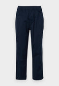 Marineblaue, leichte Hosen mit elastischem Bund, geraden Beinen und ohne sichtbare Taschen oder Muster. Glatte Stofftextur.