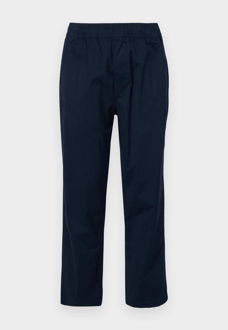 Marineblaue, leichte Hosen mit elastischem Bund, geraden Beinen und ohne sichtbare Taschen oder Muster. Glatte Stofftextur.