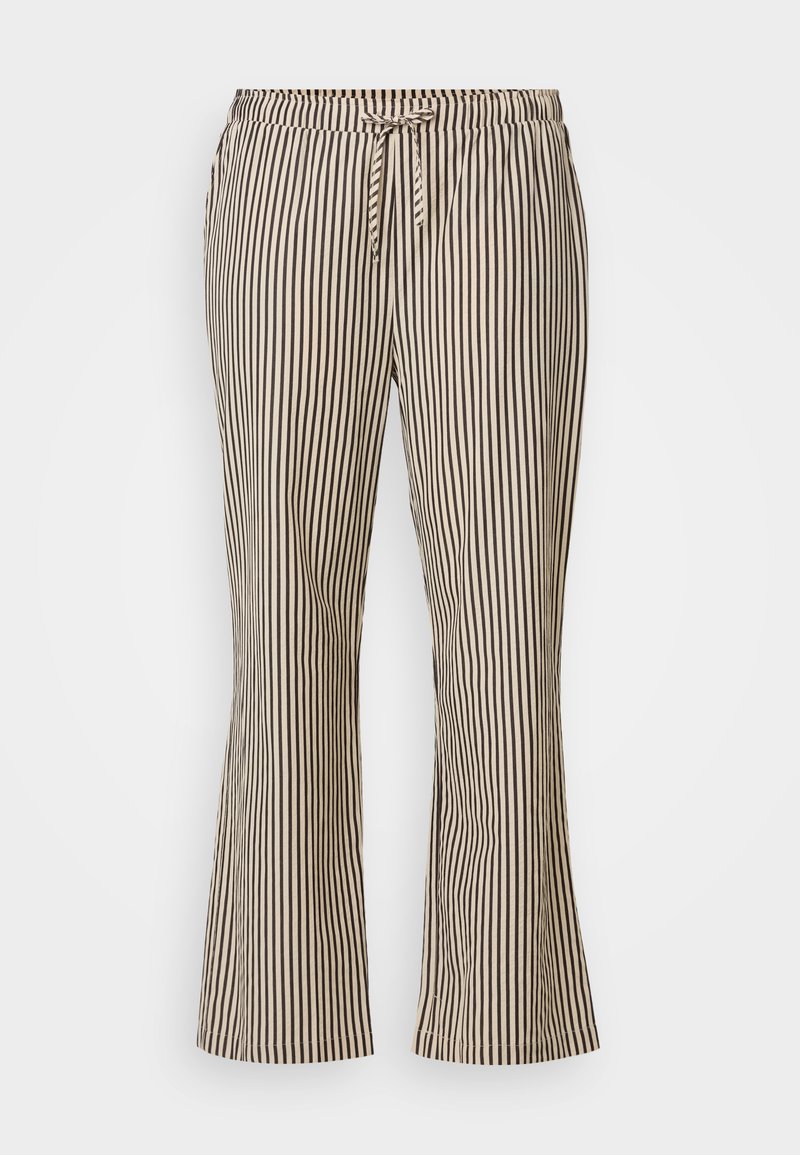 Gestreifte Hose mit einem schwarz-beigen Muster, elastischem Bund mit Kordelzug und Schlagschnitt am Saum.