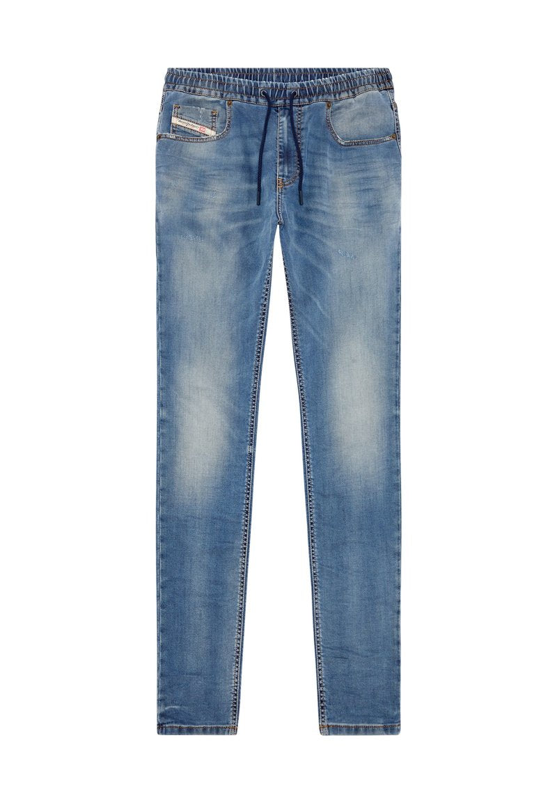 Hellblaue Jeans mit elastischem Bund und Kordelzug, ausgestattet mit Vordertaschen und einem verblassten Finish, geradem Schnitt und gestickten Details.
