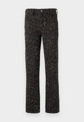 Schwarze Jeans mit einem Leopardenmuster, gerade geschnitten, mit frontalen Taschen und einem Knopfverschluss. Hergestellt aus einem strukturierten Stoff.