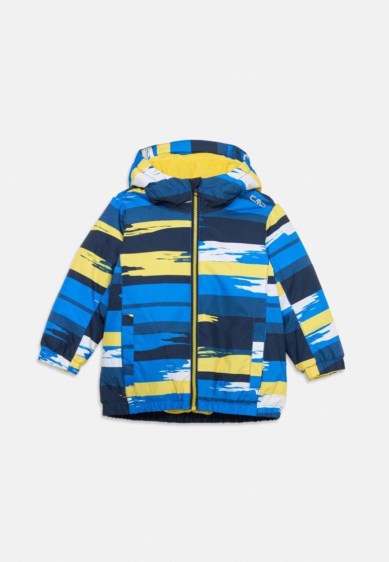 Kinder-Kapuzensweatshirt mit blauen, gelben, weißen und marinefarbenen Pinselstrichen und vorderem Reißverschluss auf weißem Hintergrund.