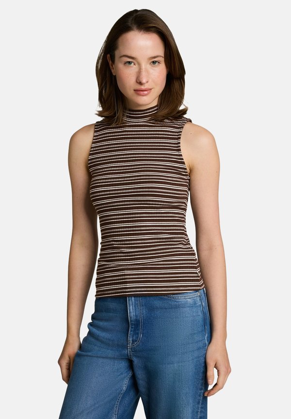 TOM TAILOR RIB TOP WITH STAND UP COLLAR - Top - brown white stripe