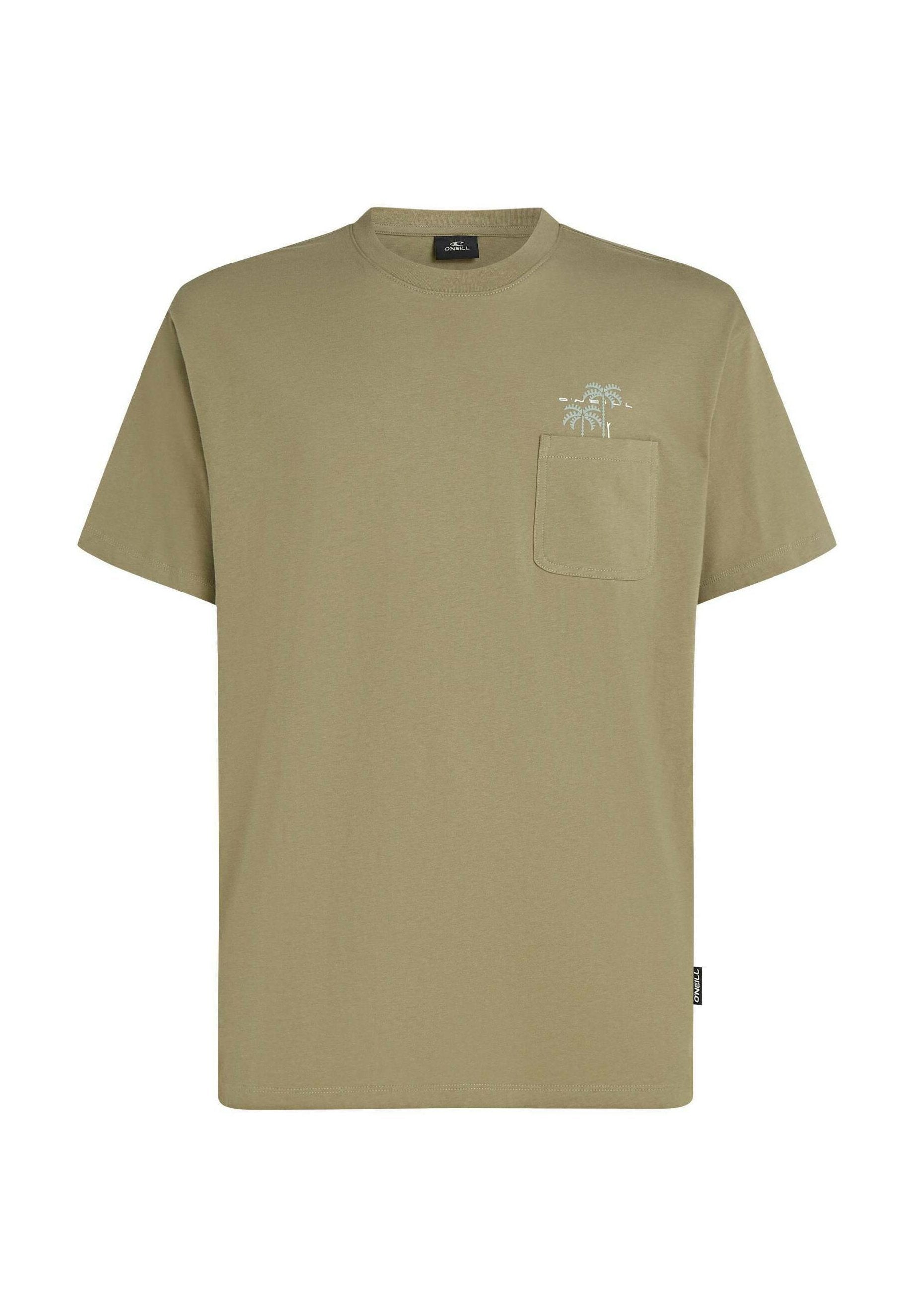 Olivegrünes Baumwoll-T-Shirt mit Rundhalsausschnitt, kurzen Ärmeln, einer Brusttasche und einem kleinen Palmen-Print in Hellblau.