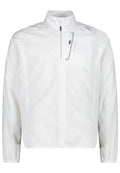 Weiße leichte Jacke mit Stehkragen, Frontreißverschluss und elastischen Bündchen. Verfügt über eine Reißverschlusstasche auf der Brust und dezente Markenakzente.