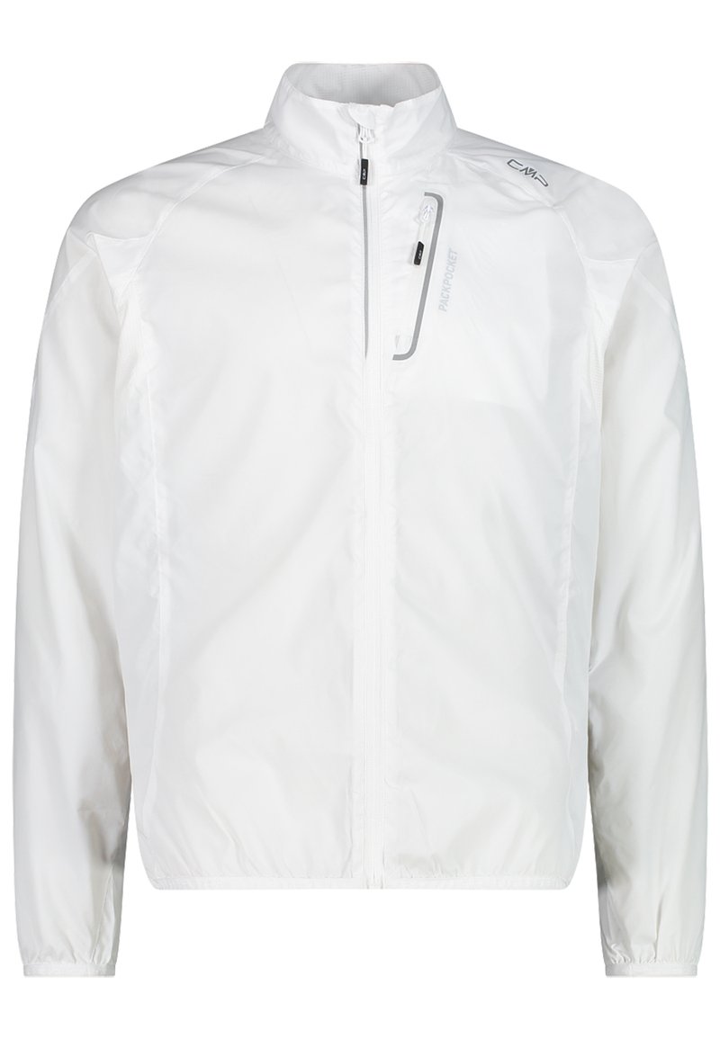 Weiße leichte Jacke mit Stehkragen, Frontreißverschluss und elastischen Bündchen. Verfügt über eine Reißverschlusstasche auf der Brust und dezente Markenakzente.