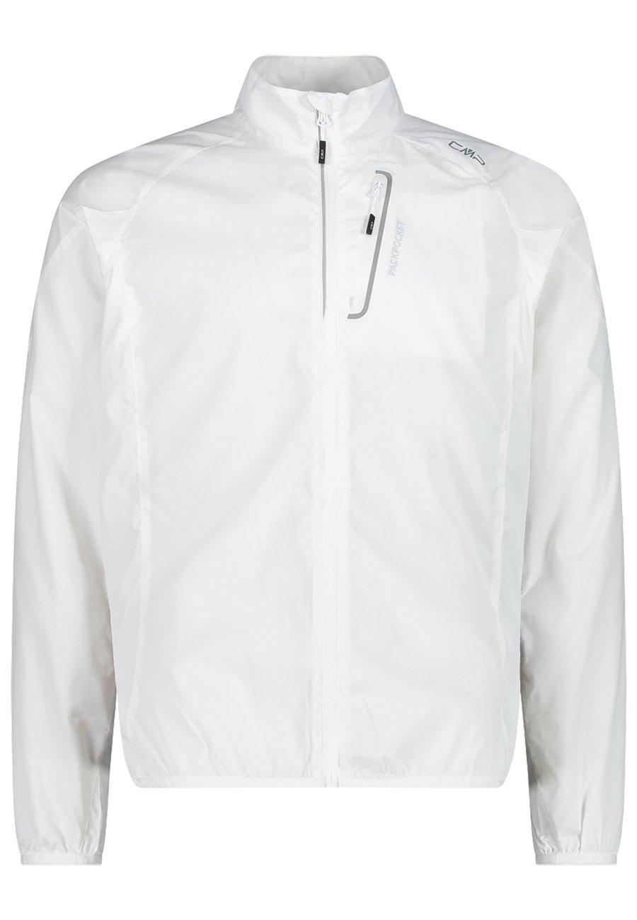 Weiße leichte Jacke mit Stehkragen, Frontreißverschluss und elastischen Bündchen. Verfügt über eine Reißverschlusstasche auf der Brust und dezente Markenakzente.
