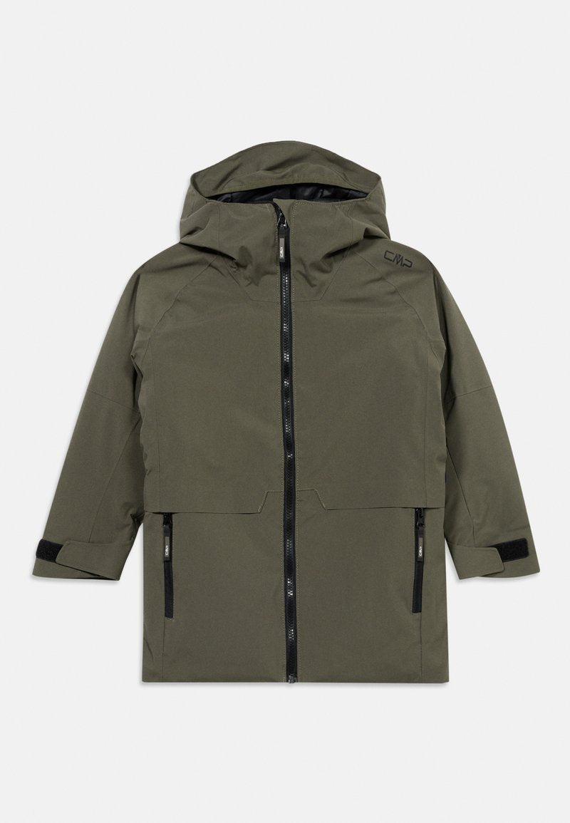 Olivgrüne wasserdichte Jacke mit Kapuze, durchgehendem Reißverschluss, verstellbaren Manschetten und seitlichen Taschen. Verfügt über eine glatte Textur und minimales Branding.