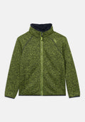 Grüne Jacke mit Reißverschluss und strukturiertem, gestricktem Design, mit schwarzen Akzenten und einem hohen Kragen, der mit marineblauem Fleece gefüttert ist.