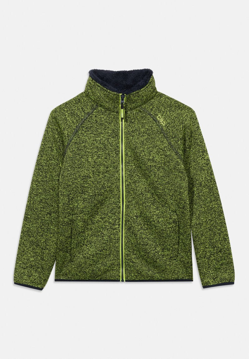 Grüne Jacke mit Reißverschluss und strukturiertem, gestricktem Design, mit schwarzen Akzenten und einem hohen Kragen, der mit marineblauem Fleece gefüttert ist.