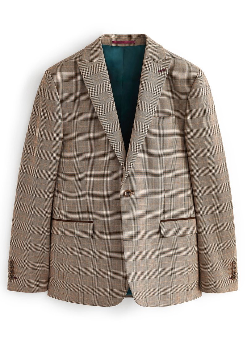 Braun karierter Blazer aus strukturiertem Stoff, mit einem Knopfverschluss, zwei Fronttaschen und einem türkisfarbenen Innenfutter.