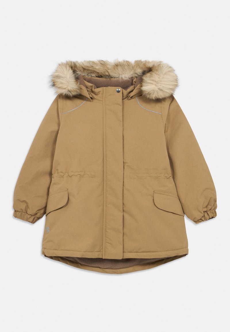 Braune, gepolsterte Winterjacke für Kinder mit einer Kapuze mit Kunstfellbesatz, elastischen Bündchen, Fronttaschen mit Klappen und Knopfverschluss.