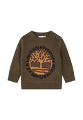 Olivgrüner Strickpullover mit rundem Halsausschnitt und Knöpfen an einer Schulter. Verfügt über ein Baumdesign in Orange mit schwarzem Text darum herum.