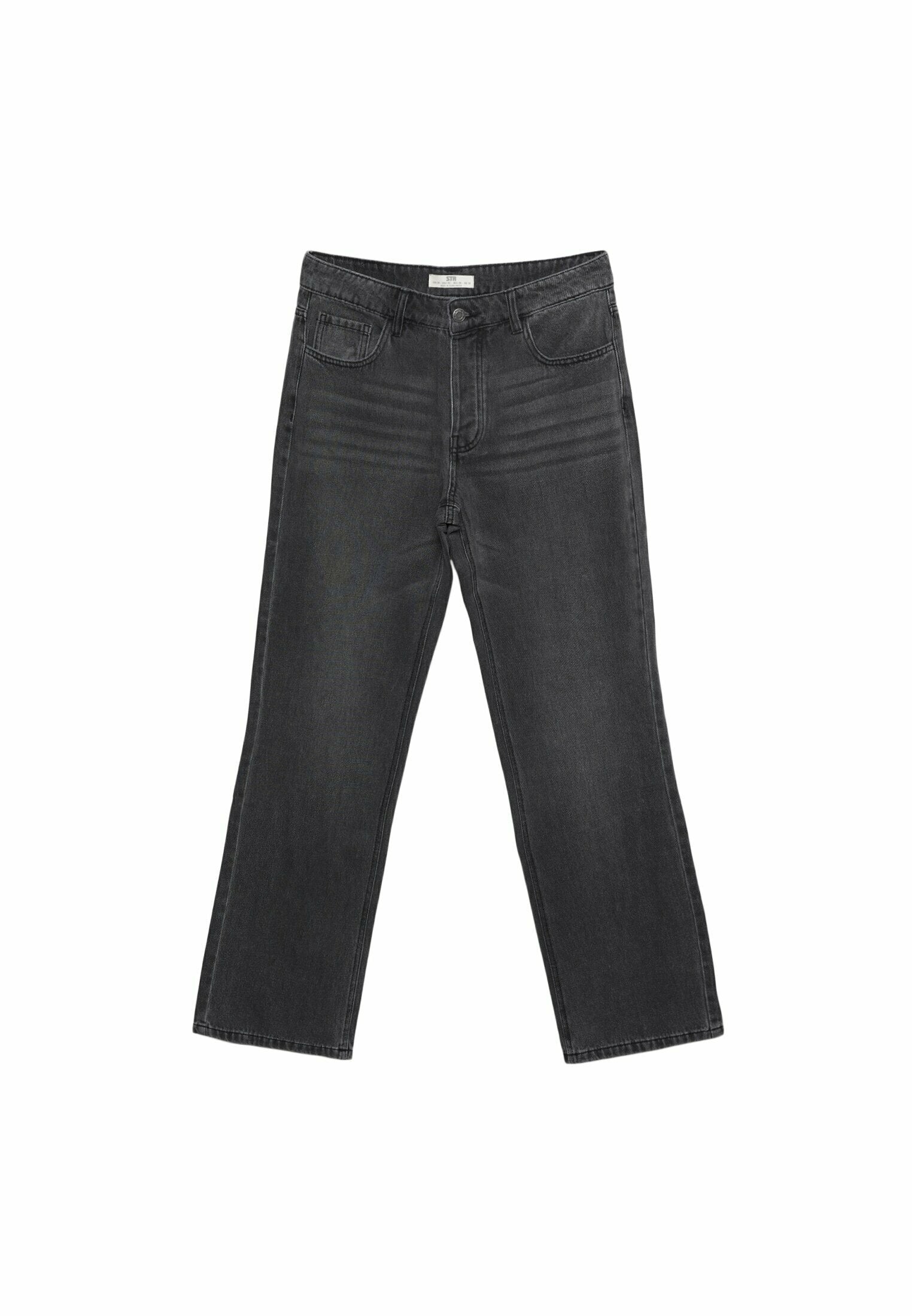 Schwarze Jeans aus Denim mit geradem Bein, ausgestattet mit einem Knopf- und Reißverschluss, fünf Taschen und subtiler Ausbleichung des Stoffes.