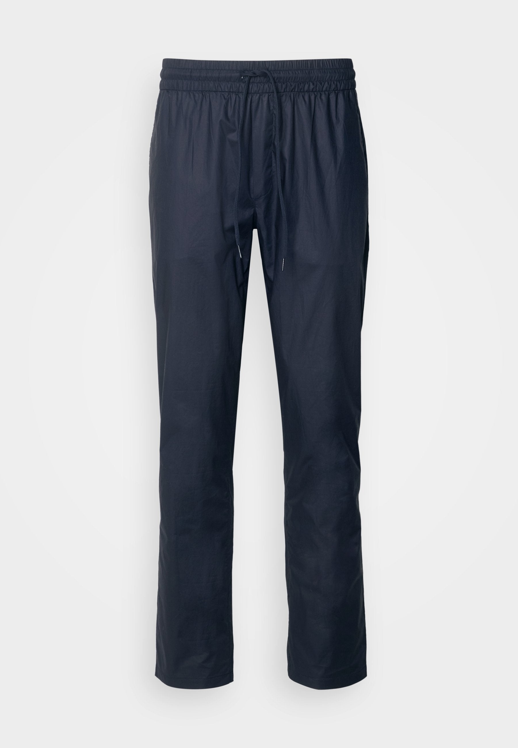Marineblaue Hose mit elastischem Bund und Kordelzug. Aus leichtem Stoff gefertigt, verfügt sie über einen geraden Schnitt und ein einfaches Design ohne Muster.
