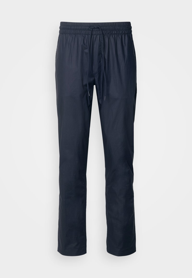 Marineblaue Hose mit elastischem Bund und Kordelzug. Aus leichtem Stoff gefertigt, verfügt sie über einen geraden Schnitt und ein einfaches Design ohne Muster.
