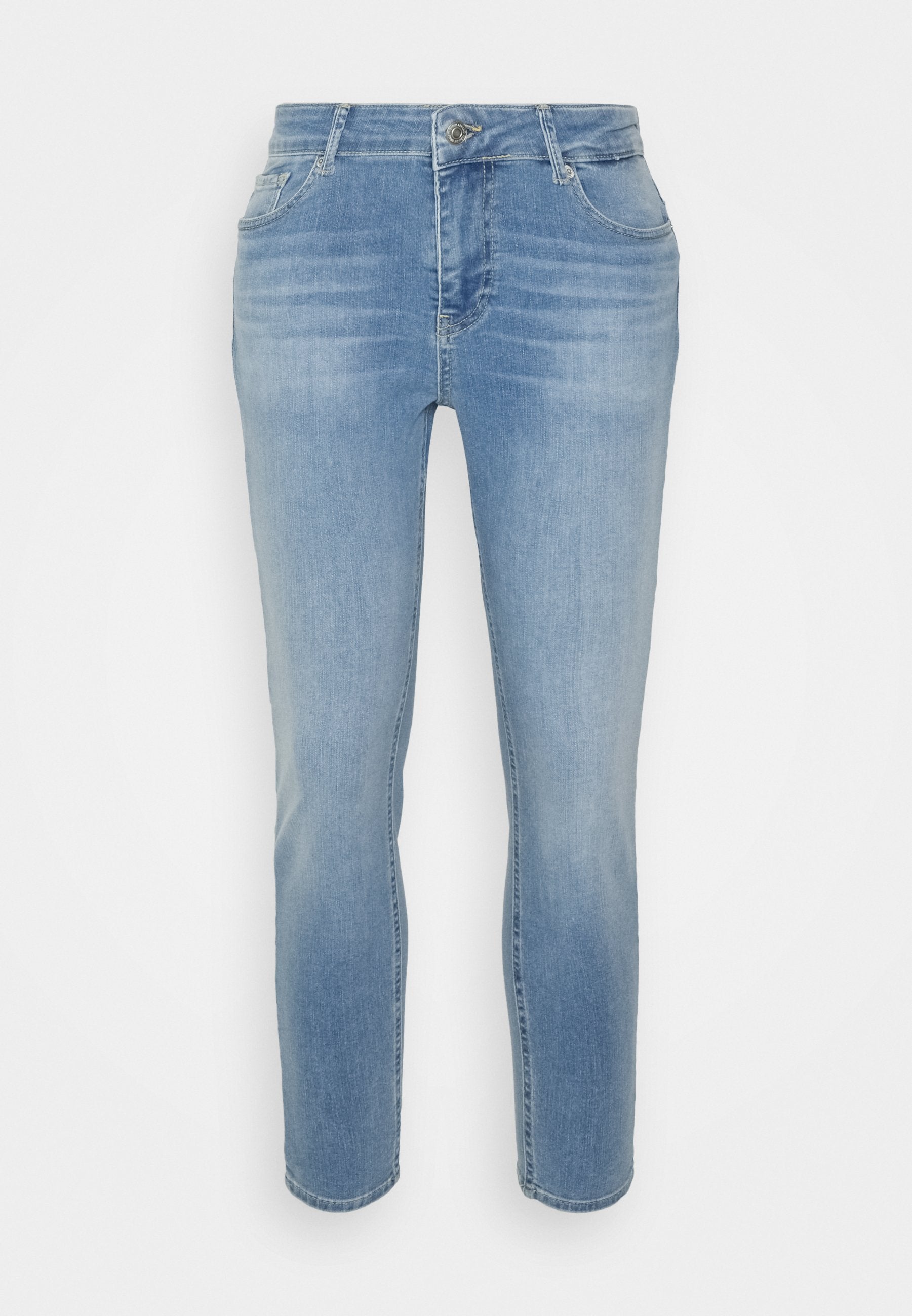 Helle blaue Denim-Jeans mit schmaler Passform, fünf Taschen, Reißverschluss und Knopfverschluss sowie einem leicht verblassten Finish. Gerade Beinform.