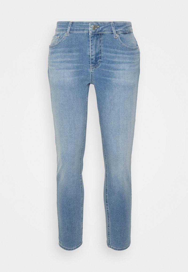 Helle blaue Denim-Jeans mit schmaler Passform, fünf Taschen, Reißverschluss und Knopfverschluss sowie einem leicht verblassten Finish. Gerade Beinform.