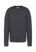 Dunkelgrauer Pullover mit Zopfmuster, featuring einem rundem Ausschnitt, gerippten Bündchen und einem strukturierten Muster im gesamten Stoff.