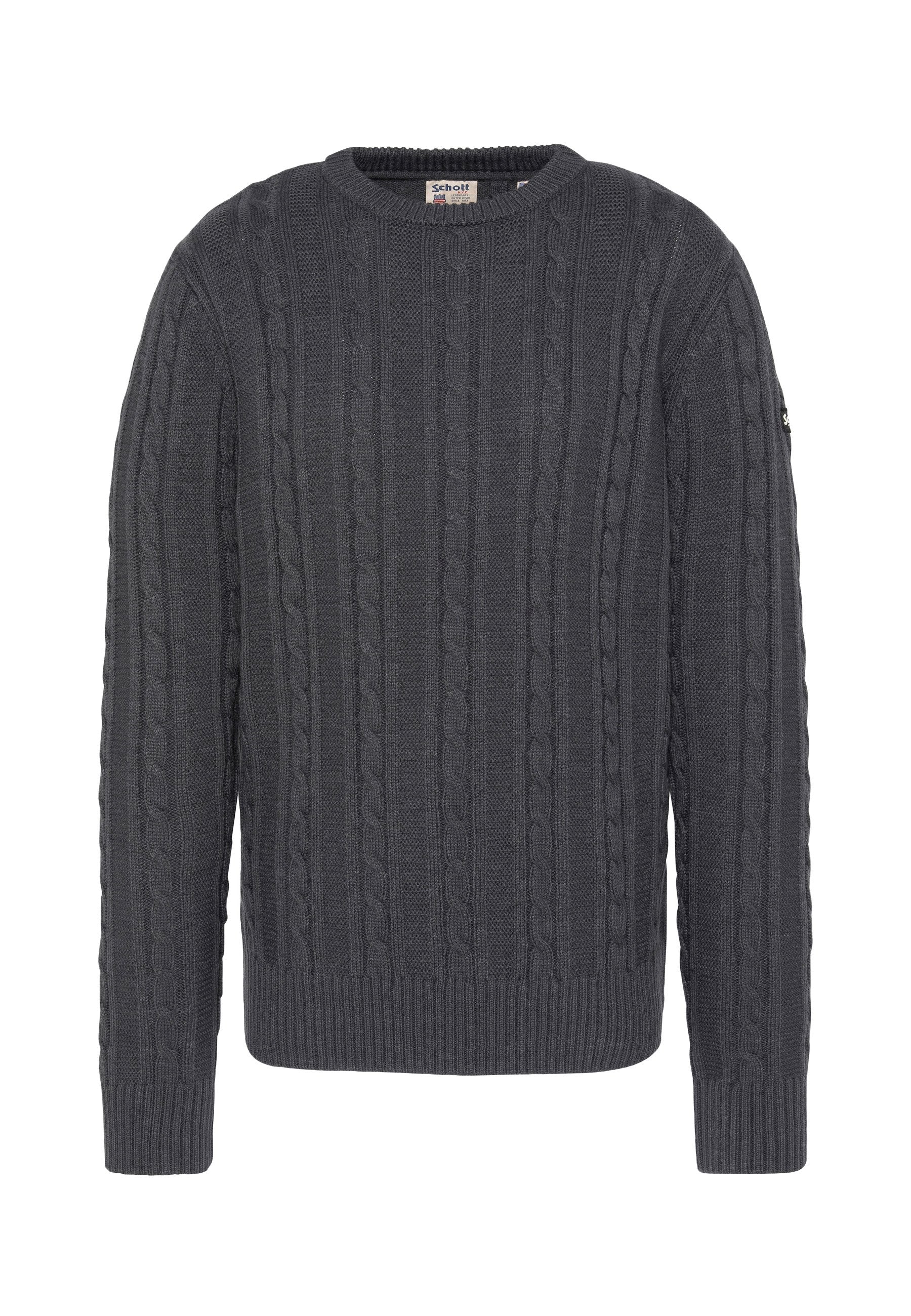 Dunkelgrauer Pullover mit Zopfmuster, featuring einem rundem Ausschnitt, gerippten Bündchen und einem strukturierten Muster im gesamten Stoff.