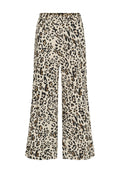 Leopardenmusterweite Hosen mit elastischem Bund. Der Stoff hat eine glatte Textur und einen neutralen beigen Hintergrund mit schwarzen und braunen Flecken.