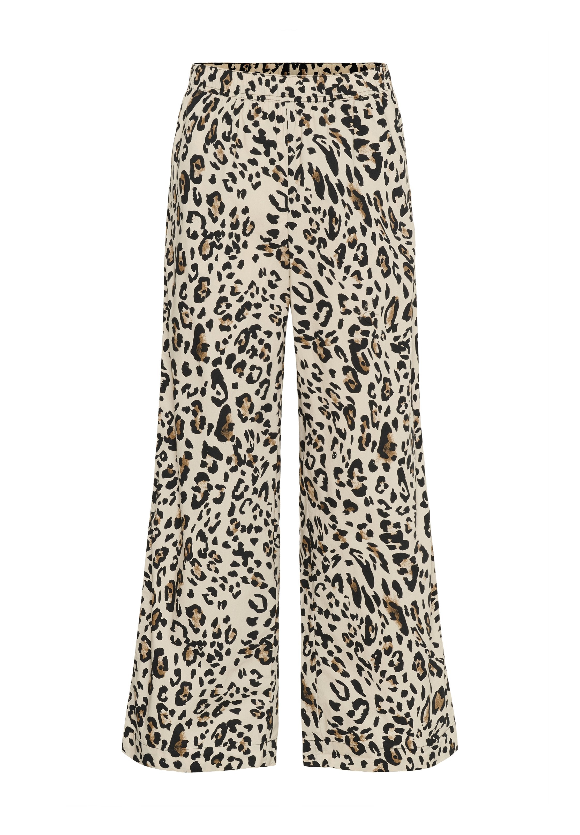 Leopardenmusterweite Hosen mit elastischem Bund. Der Stoff hat eine glatte Textur und einen neutralen beigen Hintergrund mit schwarzen und braunen Flecken.