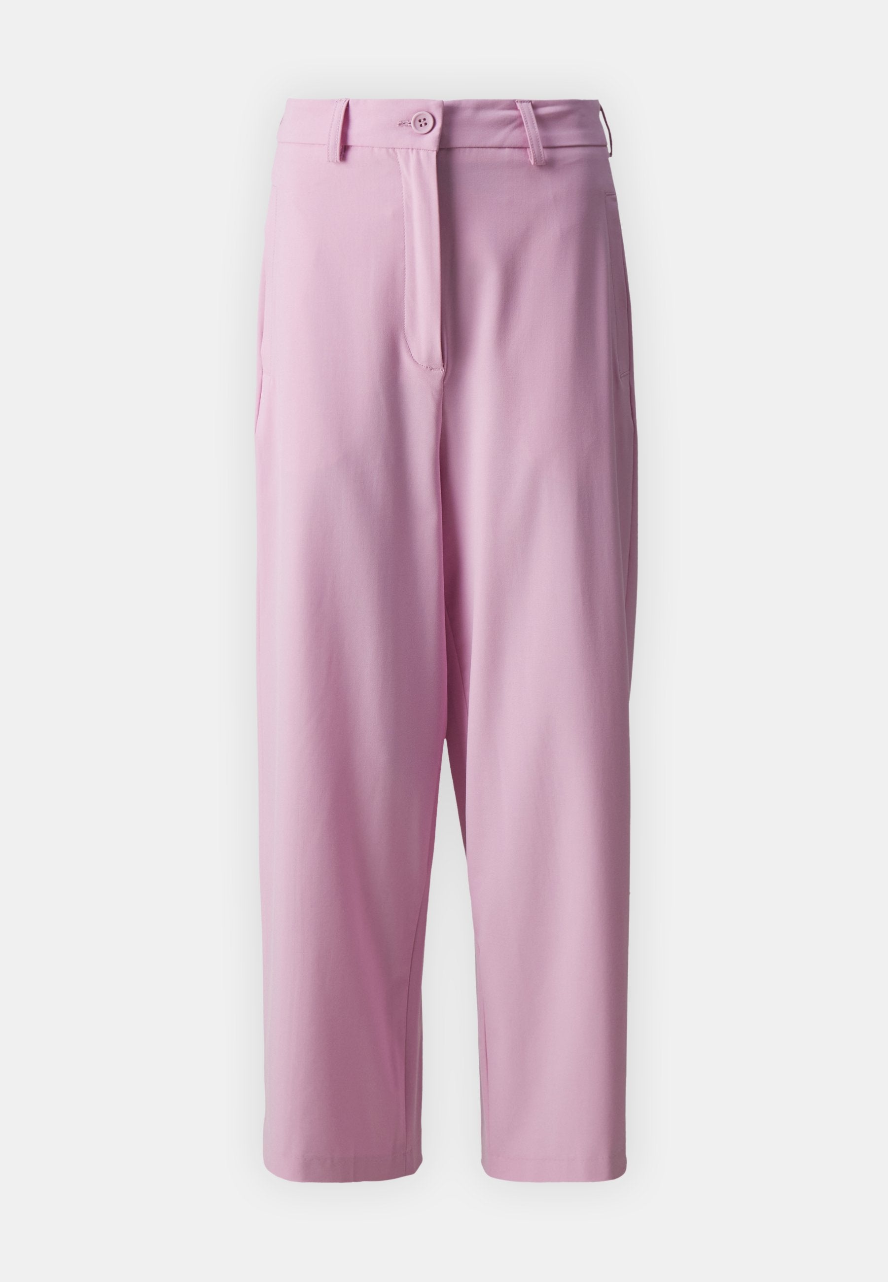 Rosa maßgeschneiderte Hosen mit flacher Vorderseite, zwei seitlichen Taschen und einem Knopfverschluss. Hergestellt aus glattem, leichtem Stoff mit lockerem Schnitt.
