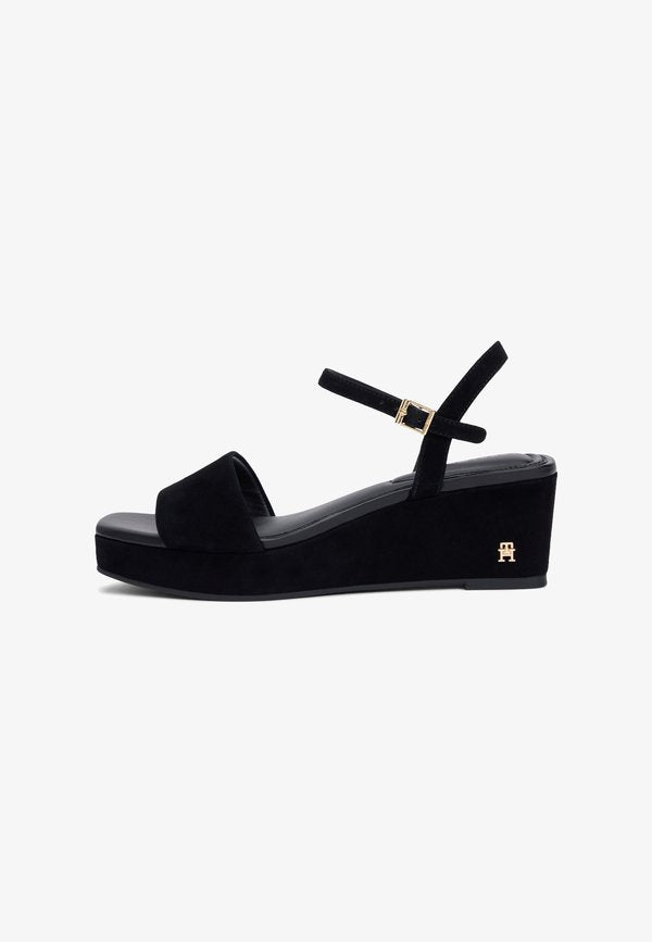 Tommy Hilfiger SUEDE TH MONOGRAM WEDGE SANDALS - Platform sandals - black