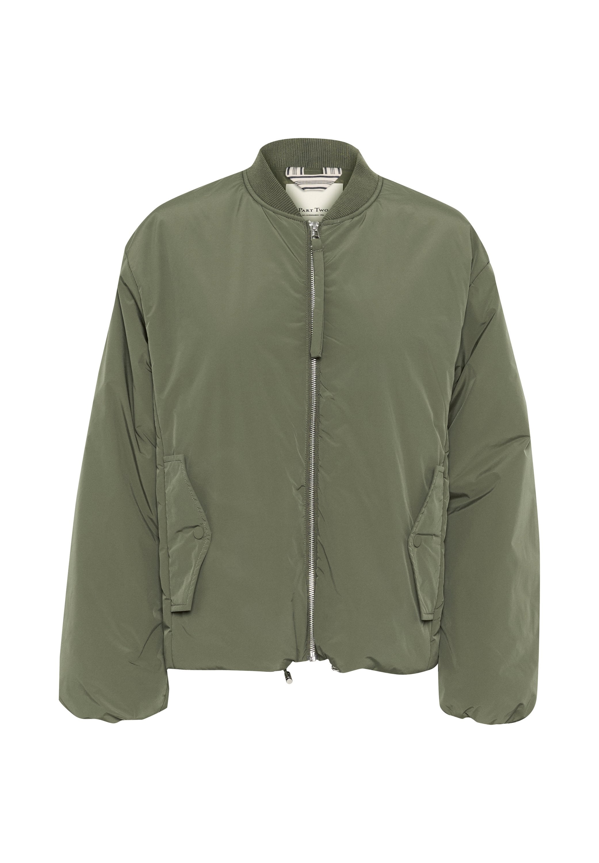 Olivgrüne Bomberjacke mit Reißverschluss, geripptem Kragen und zwei seitlichen Taschen. Hergestellt aus glattem, gepolstertem Material; lockere Passform.