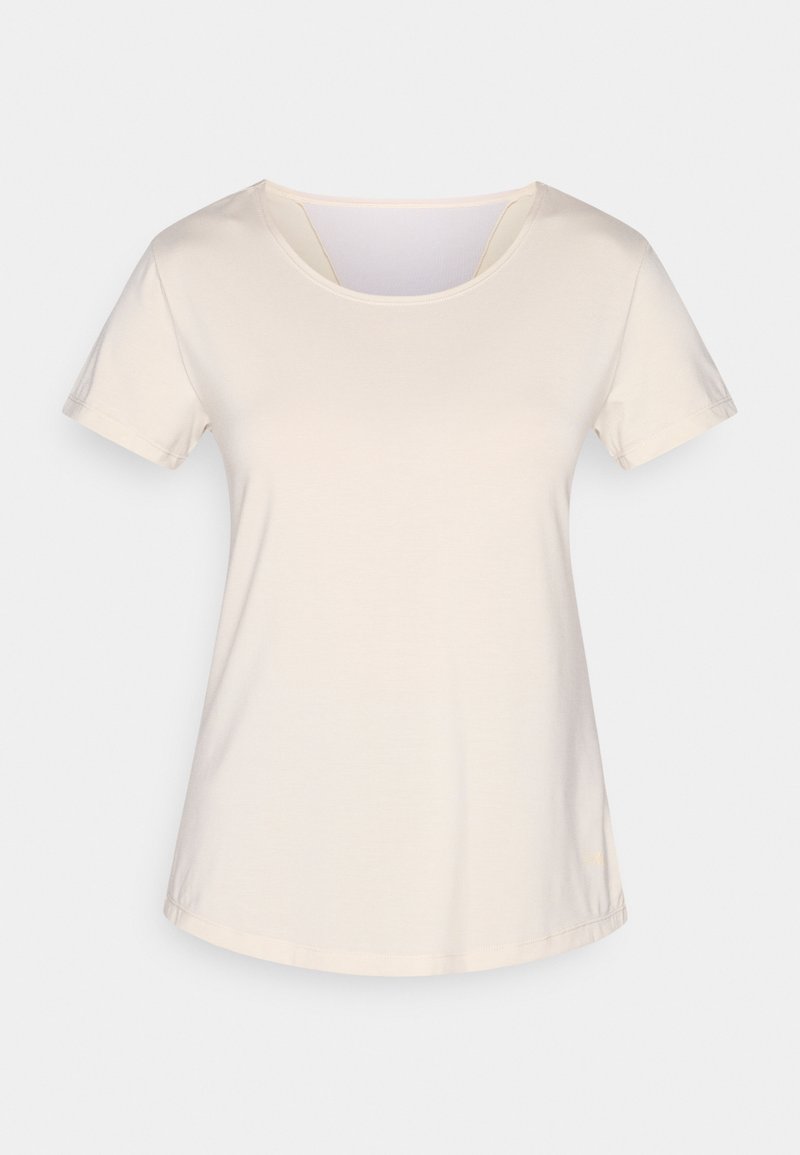 Damen-T-Shirt mit kurzen Ärmeln in cremefarbener Ausführung, rundem Ausschnitt, glattem Stoff und einem dezenten, geschwungenen Saum vor einfachem Hintergrund.