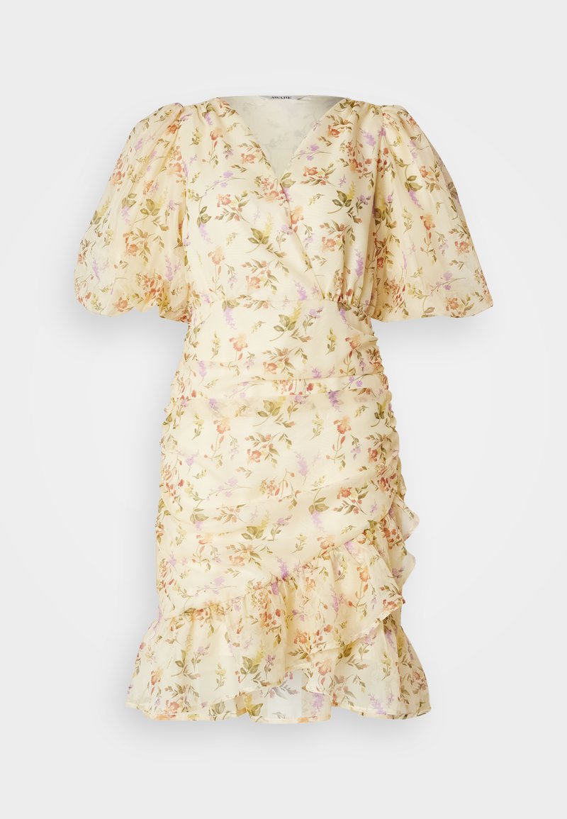 Gelbes Blumenkleid mit Wickeldesign, Puffärmeln und volantrand. Hergestellt aus leichtem Stoff mit einer weichen Textur.