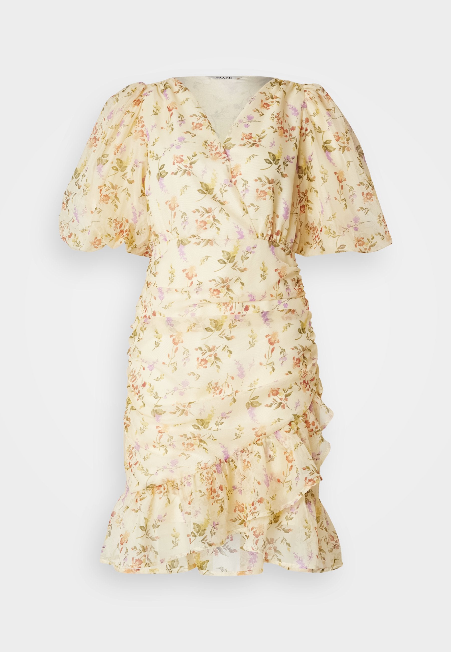 Gelbes Blumenkleid mit Wickeldesign, Puffärmeln und volantrand. Hergestellt aus leichtem Stoff mit einer weichen Textur.