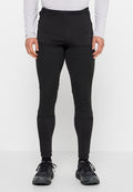 Schwarze sportliche Leggings mit enganliegendem Design, elastischem Bund und glatter Textur. Kombiniert mit schwarzen Sportschuhen.