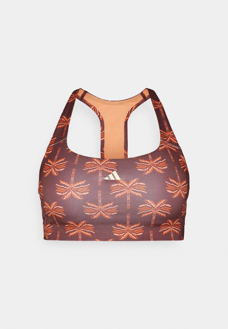 Braun Sport-BH mit orangefarbenem Palmenmuster, Racerback-Design und heller Innenauskleidung. Verfügt über ein kleines goldenes Logo auf der Vorderseite.