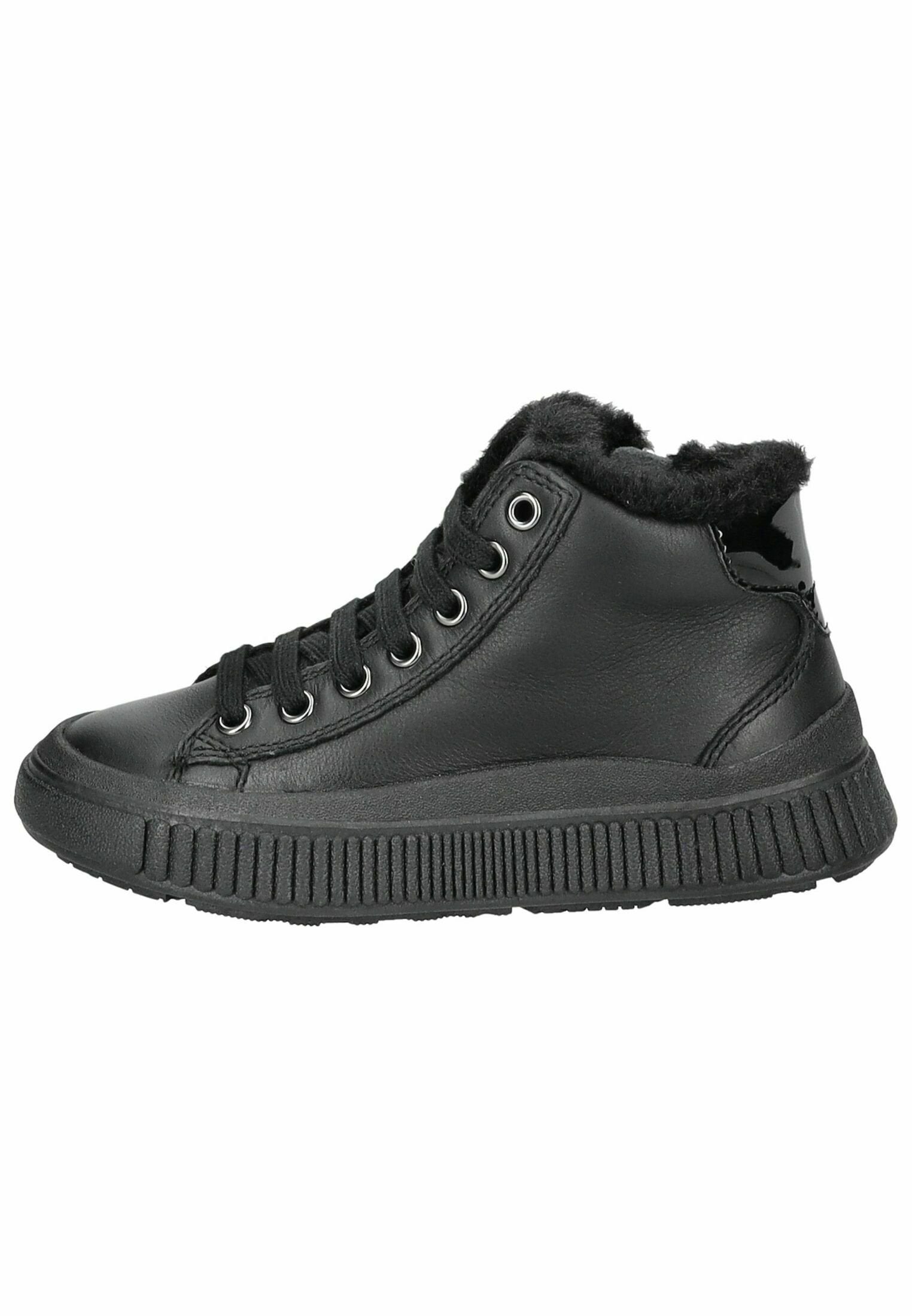 Schwarze High-Top-Sneaker aus Leder mit einer strukturierten Gummisohle, einem mit Fell gefütterten Kragen und Schnürdesign; mit silberfarbigen Ösen.