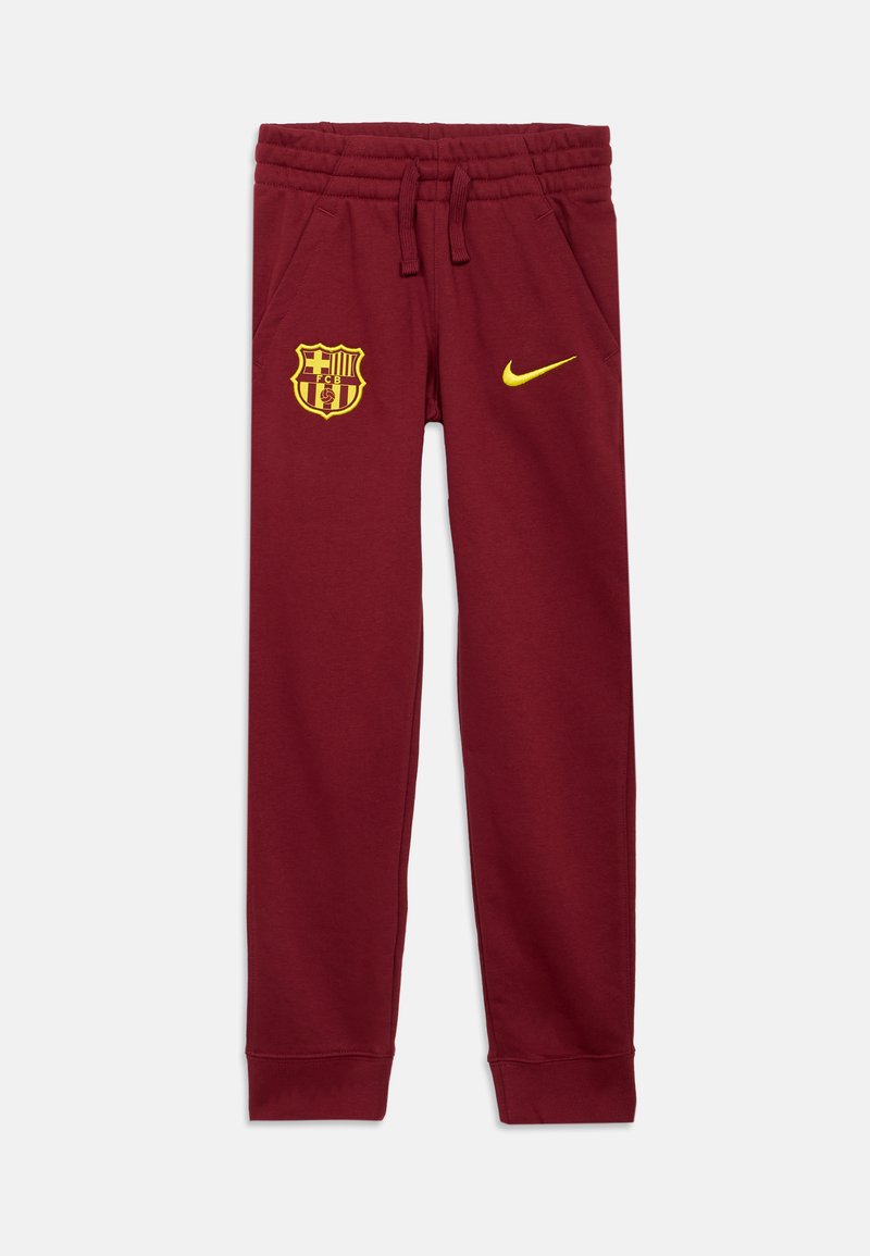 Burgunderfarbene Nike-Trainingshose mit elastischem Bund, Seiten pockets, gelbem Barça-Logo und gelbem Nike-Swoosh. Weiches Baumwollmischgewebe.