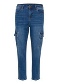 Blaue Denim-Cargohose mit hoher Taille, fünf Taschen, schmalem Bein und aufgesetzten Seitentaschen für zusätzliche Funktionalität.