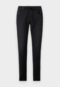 Schwarze Jeanshosen mit schlanker Passform, mit einem Kordelzugbund, zwei Fronttaschen und subtilen Stickdetails. Glatte Textur.