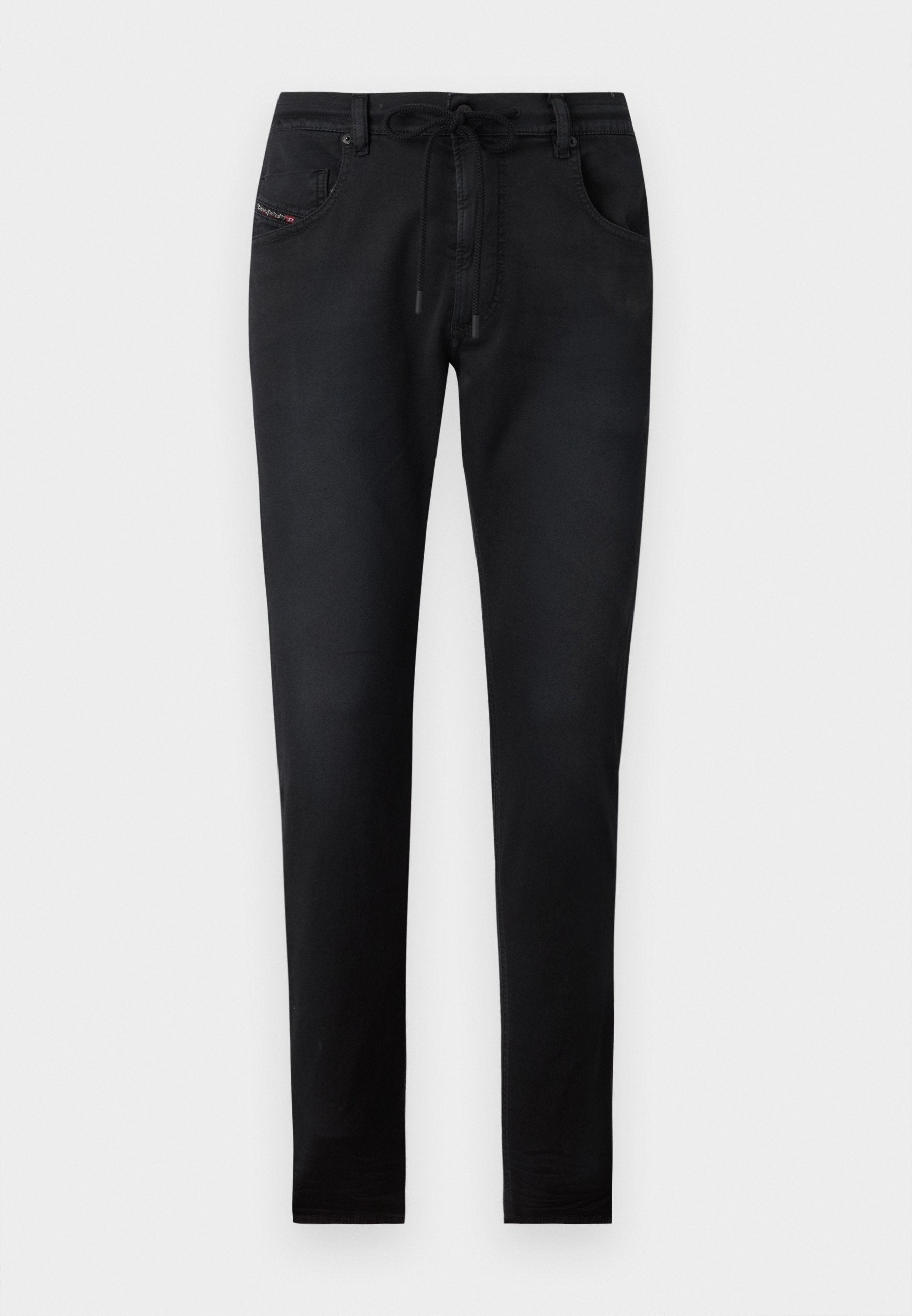 Schwarze Jeanshosen mit schlanker Passform, mit einem Kordelzugbund, zwei Fronttaschen und subtilen Stickdetails. Glatte Textur.