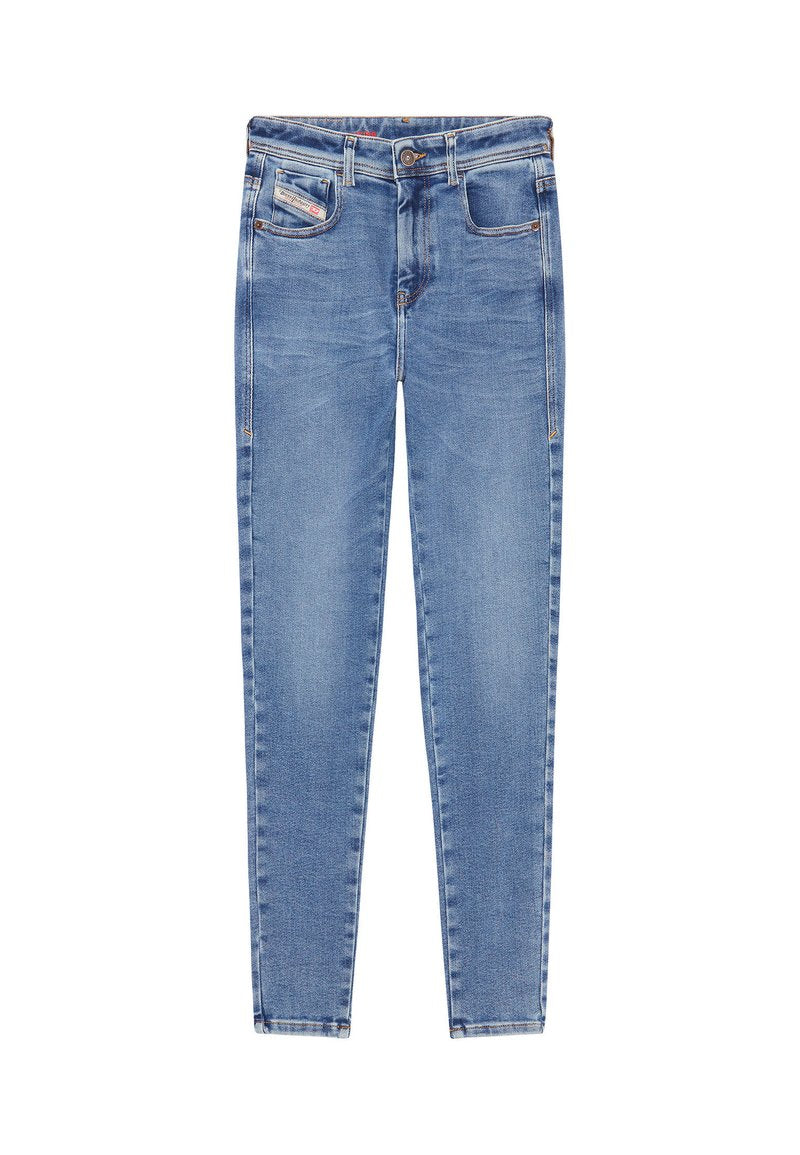 Blaue Jeans aus Denim mit schlanker Passform, Fünf-Taschen-Design und Reißverschluss. Verfügt über sichtbare Nähte und eine dezente Waschung für Textur.