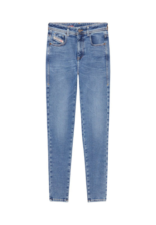 Blaue Jeans aus Denim mit schlanker Passform, Fünf-Taschen-Design und Reißverschluss. Verfügt über sichtbare Nähte und eine dezente Waschung für Textur.