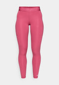 Helle rosa Sportleggings mit einem strukturierten Bund, glattem Material und Seitentaschen. Verfügt über ein kleines weißes Logo nahe dem Knöchel.