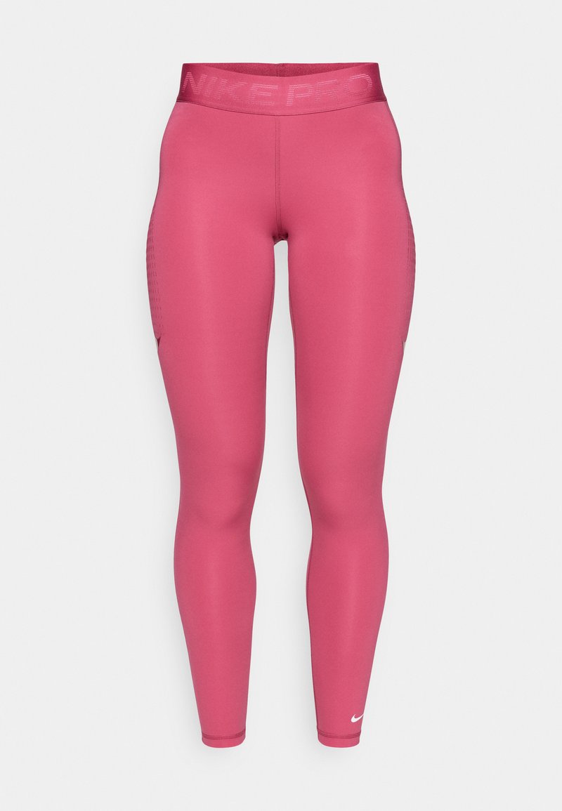 Helle rosa Sportleggings mit einem strukturierten Bund, glattem Material und Seitentaschen. Verfügt über ein kleines weißes Logo nahe dem Knöchel.