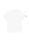 Weißes Baumwoll-T-Shirt mit kurzen Ärmeln, Rundhalsausschnitt und einem kleinen grauen Logo, das auf der linken Brust gedruckt ist. Etikett an der unteren linken Seite.