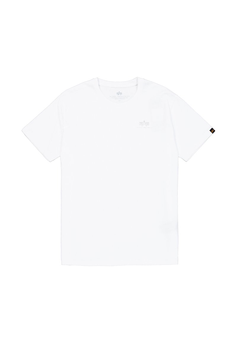 Weißes Baumwoll-T-Shirt mit kurzen Ärmeln, Rundhalsausschnitt und einem kleinen grauen Logo, das auf der linken Brust gedruckt ist. Etikett an der unteren linken Seite.