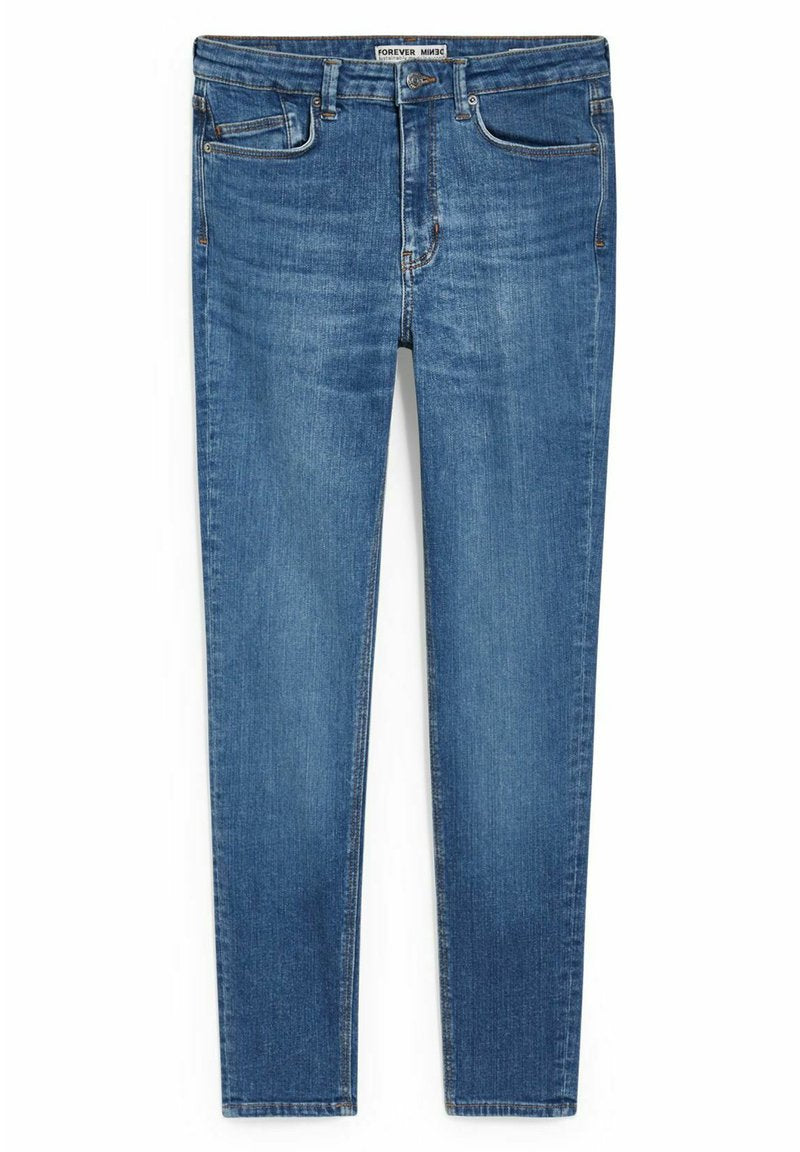 Schmale blaue Jeans aus Denim mit einem klassischen Fünf-Taschen-Design, Reißverschluss und dezentem Verblassen. Gestickte Akzente in einem kontrastierenden Faden.