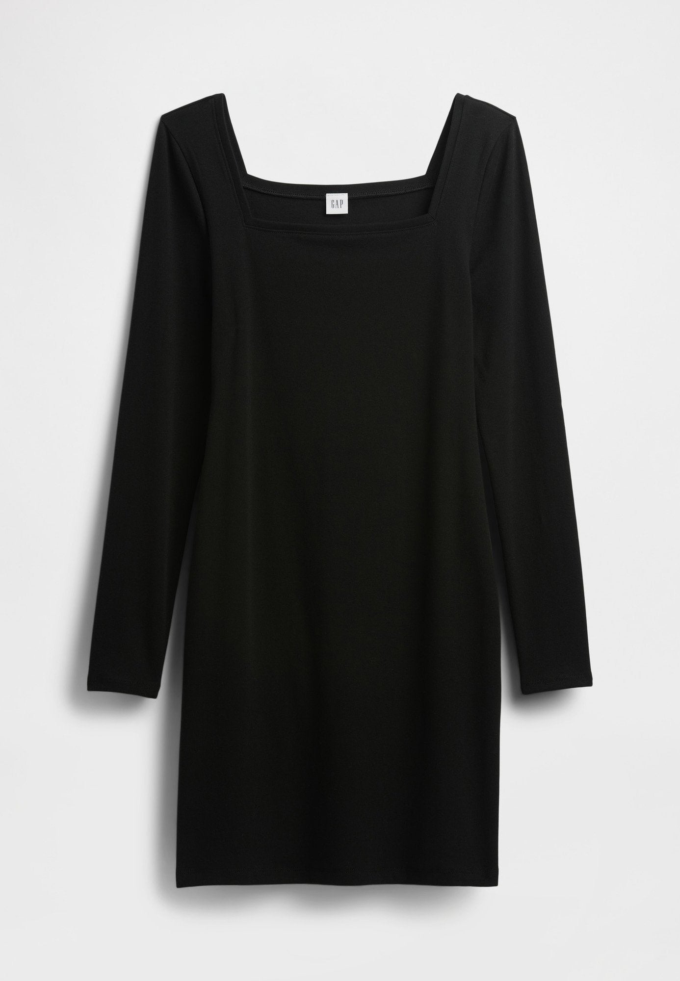Schwarzes langärmliges Kleid mit quadratischem Ausschnitt, gefertigt aus einem glatten, elastischen Stoff. Schlichtes, figurbetontes Design ohne zusätzliche Muster oder Akzente.
