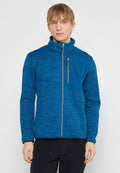 Blaue Jacke aus strukturiertem Stoff, durchgehender Reißverschluss, hoher Kragen, mit einer kontrastfarbenen Tasche mit Reißverschluss. Glattes Innenfutter und athletische Passform.